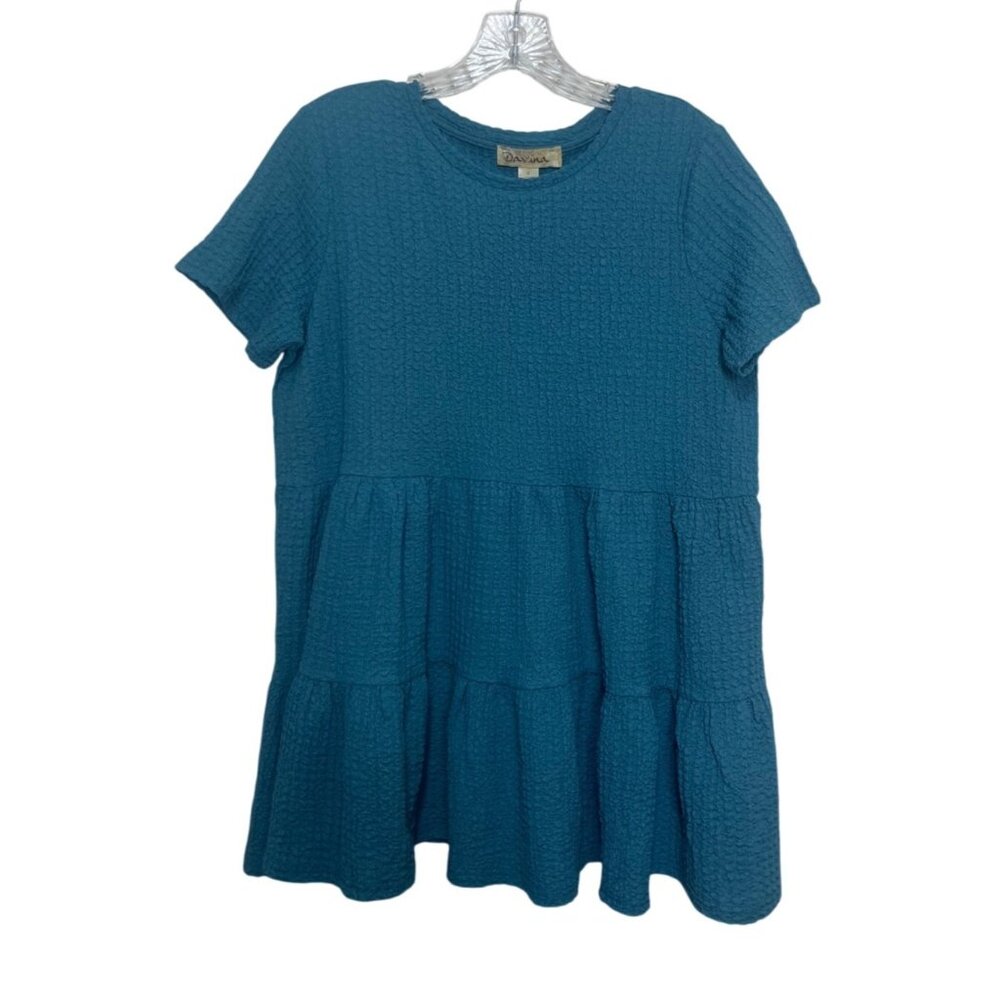 Davina Textured Tiered Short Sleeve‎ Blouse Small Teal Long Boho Cottage